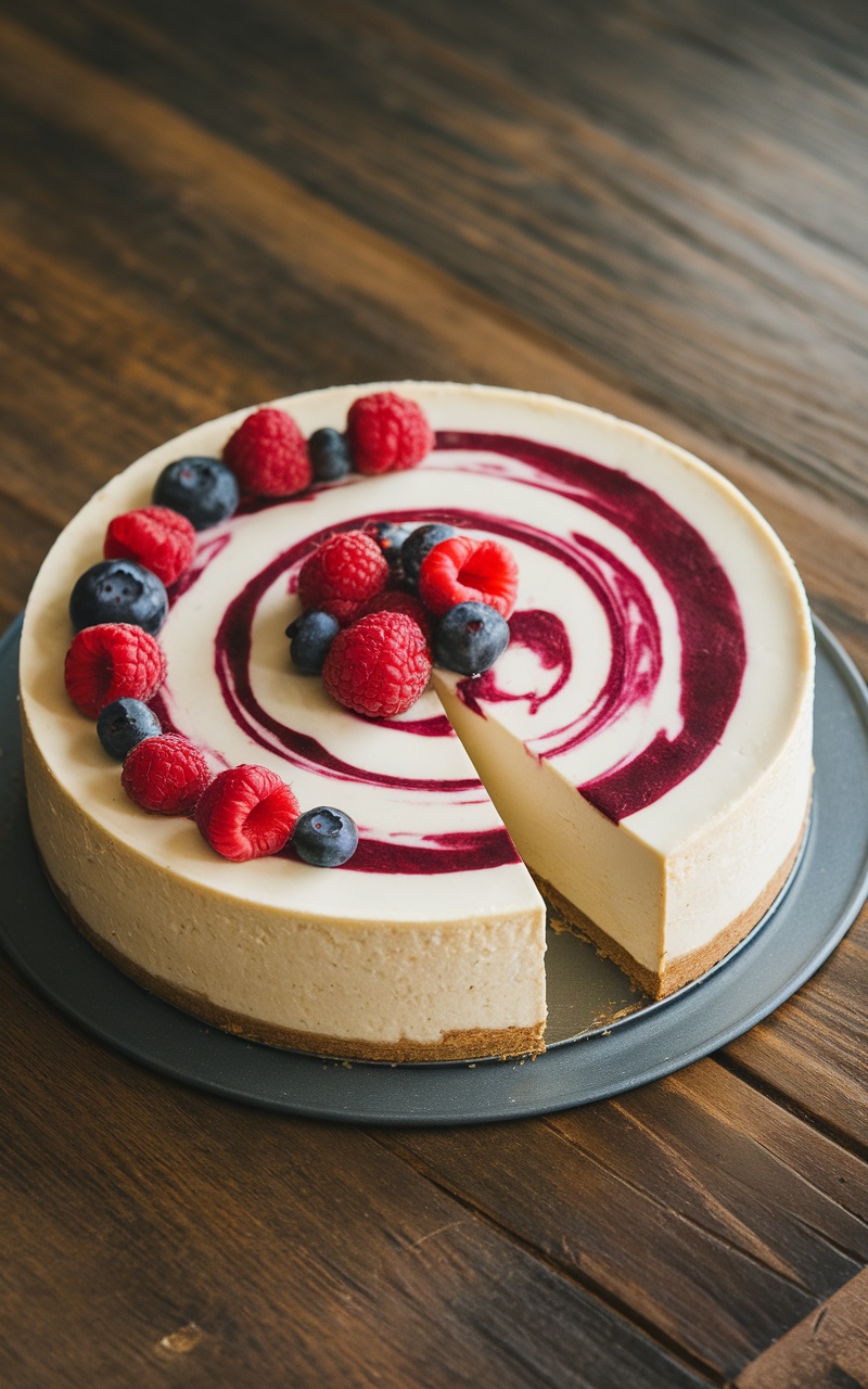 No bake keto cheesecake topped with berry swirl, fresh berries, and a slice cut out, showcasing its creamy texture.